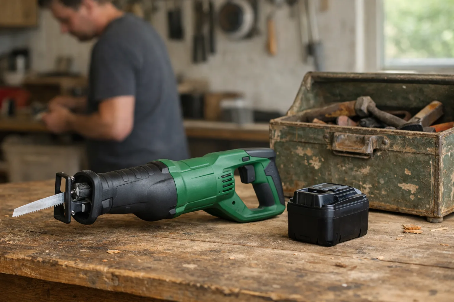 Grön tigersåg och batteri på en bänk.